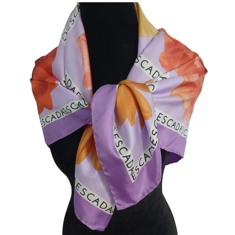 Escada Silk Scarf Floral Lavender Orange Designer Hand-Rolled Edge Made in Italy